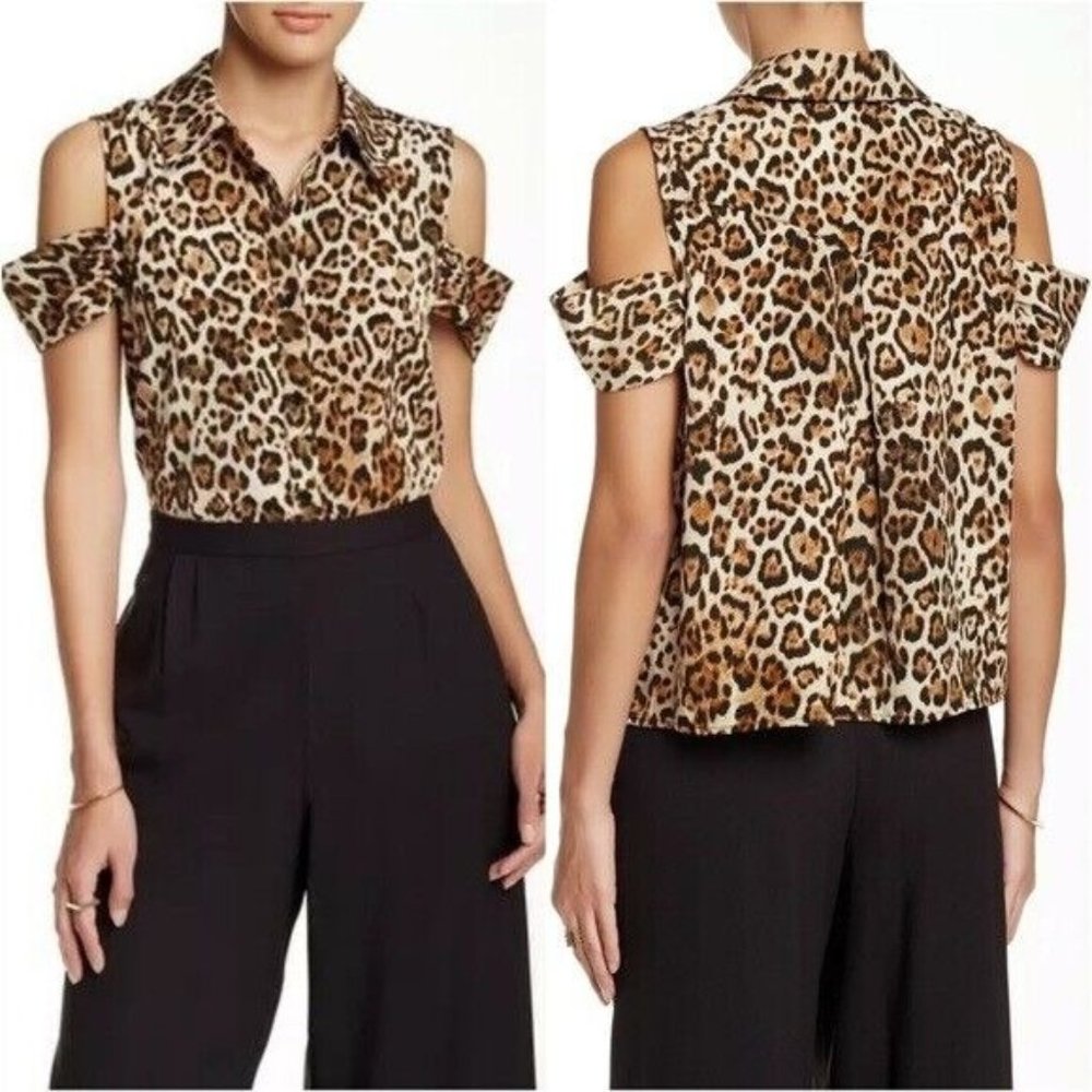 WAYF Top Brown Black Leopard Print Button Blouse Cold Shoulder - Picture 1 of 12
